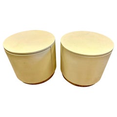 Mid-Century Coveted Karl Springer Pair of Cylindrical Round Linen Wrapped Tables