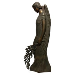 Early 20th Century Antique Bronze Praying, Mourning Angel with Palms