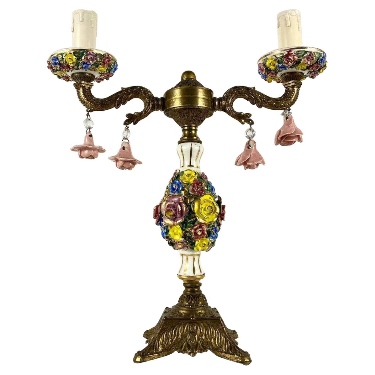 Lampe de bureau vintage en porcelaine à motifs floraux, années 1980 en vente