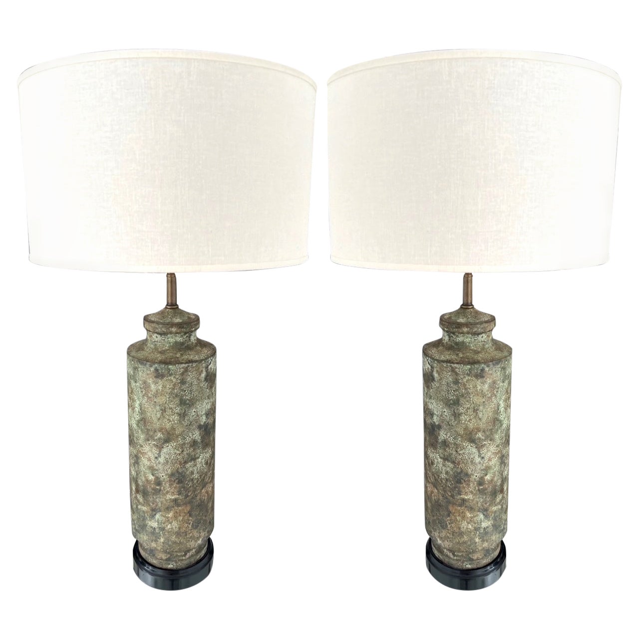 Pair of Pagoda Column Lamps with Verdigris Finish and Ebony Bases, 1960s For Sale