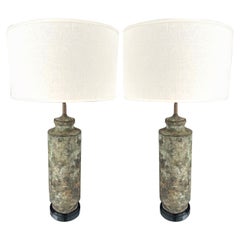 Pair of Pagoda Column Lamps with Verdigris Finish and Ebony Bases, 1960s