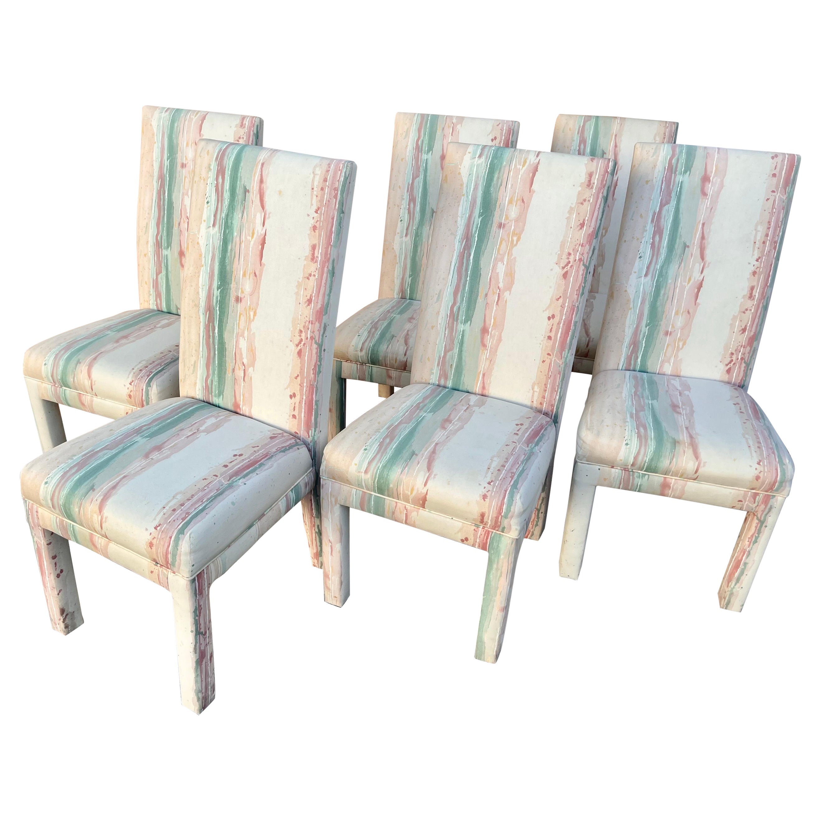 Set of 6 1980s Postmodern High Back Fully Upholstered Dining Chairs For Sale