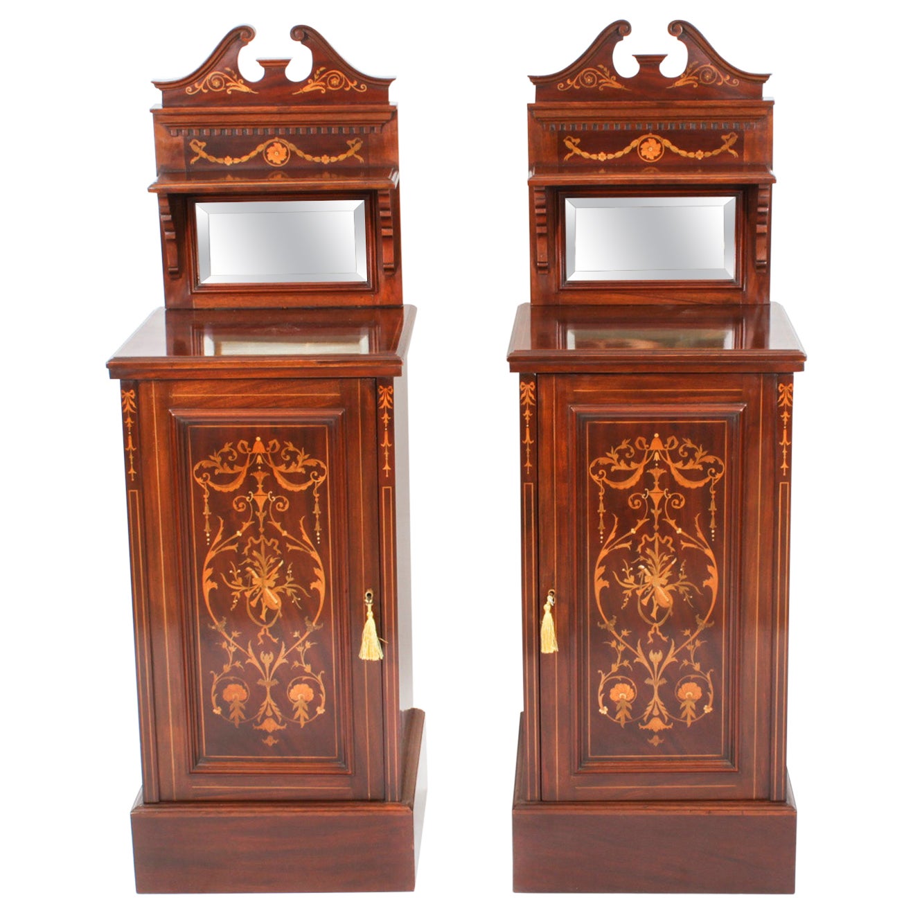 Antique Pair Edwardian Mahogany Marquetry Bedside Chests 19th C For Sale