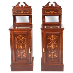 Antique Pair Edwardian Mahogany Marquetry Bedside Chests 19th C