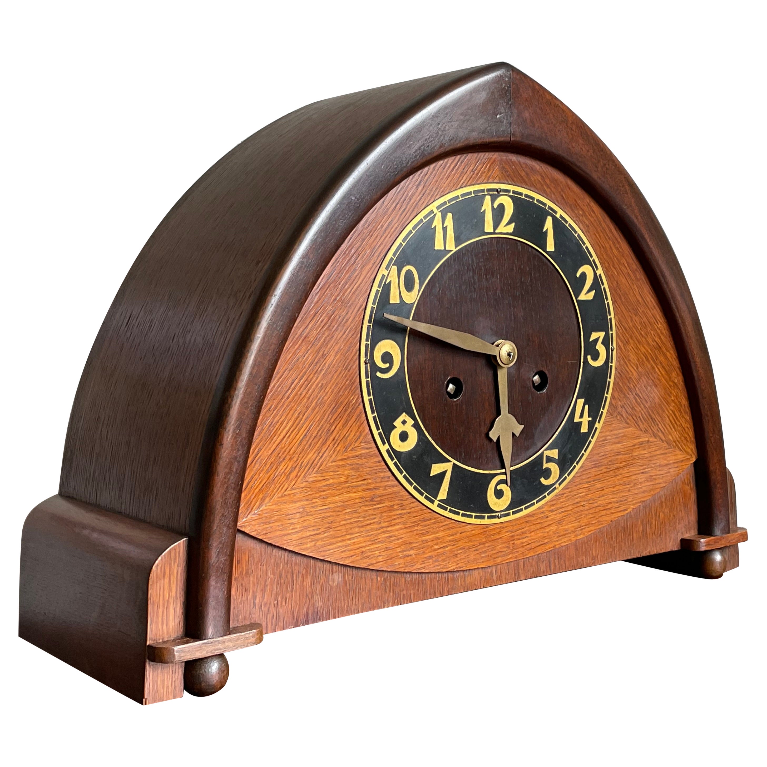 Dutch Arts & Crafts Wooden Mantle or Desk Clock w. Stunning Brass Dial Face 1915 For Sale