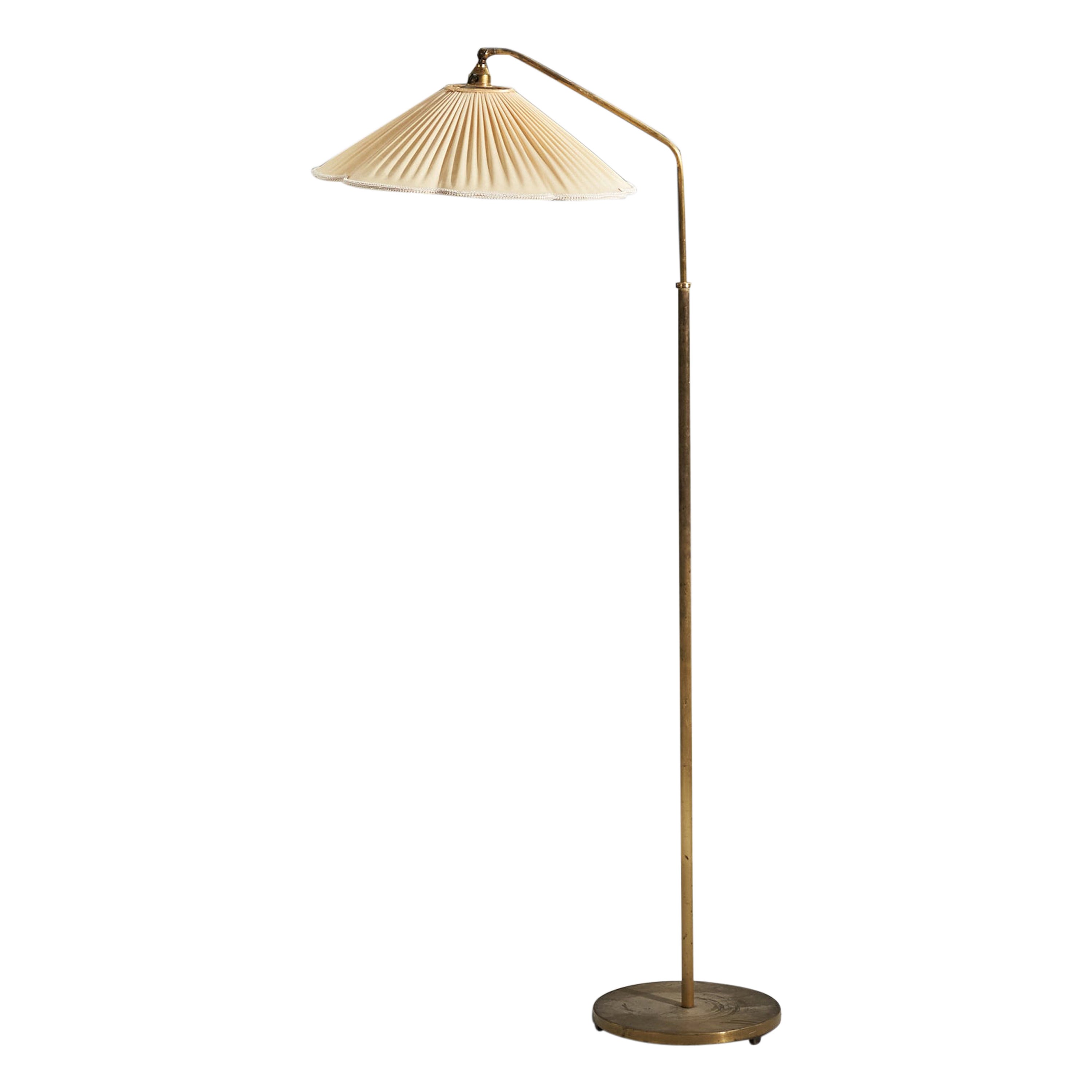 Swedish Designer, Adjustable Floor Lamp, Brass, Fabric, Sweden, 1940s