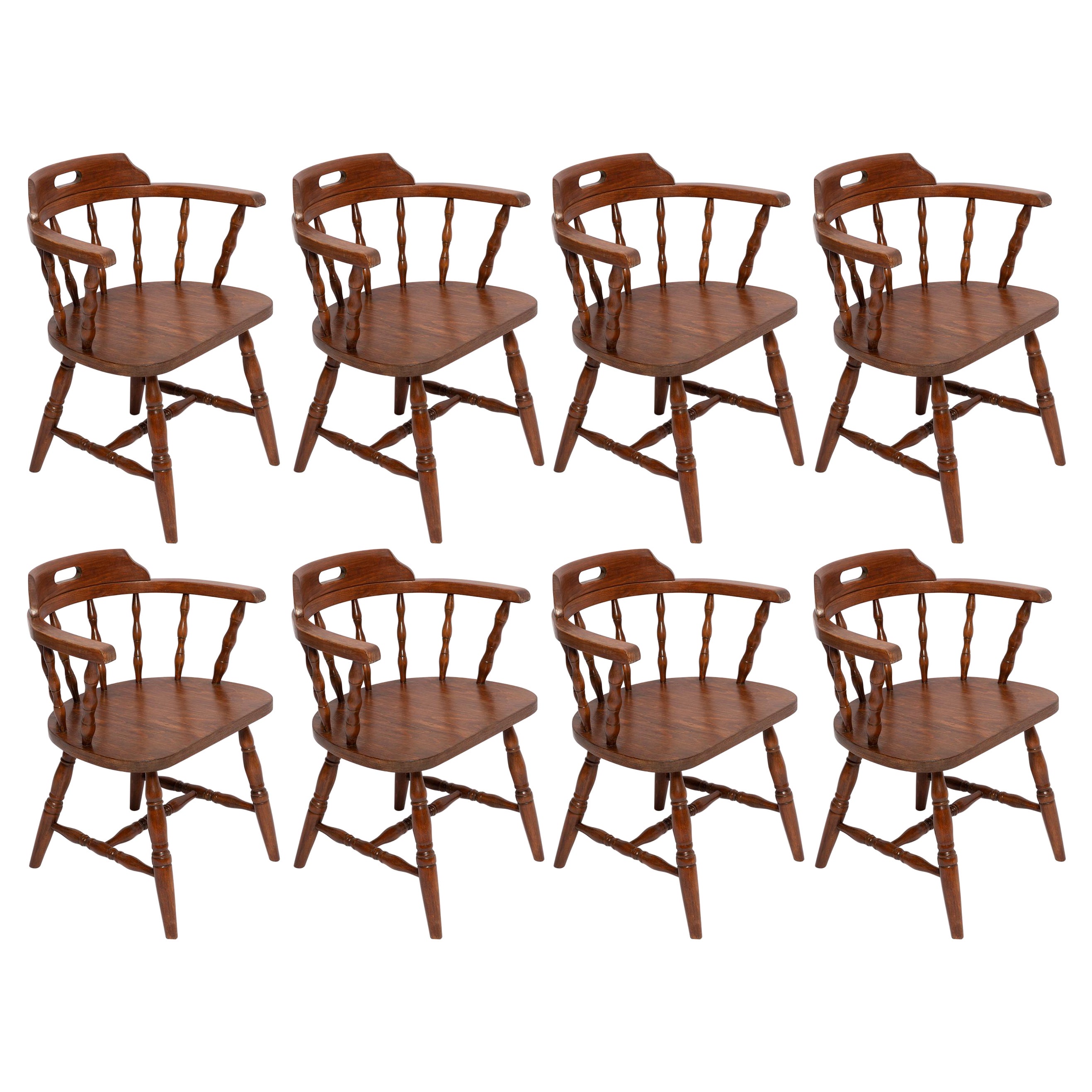 Set of Eight Mid Century Dark Brown Beechwood Bonanza Chairs, Europe, 1960s For Sale