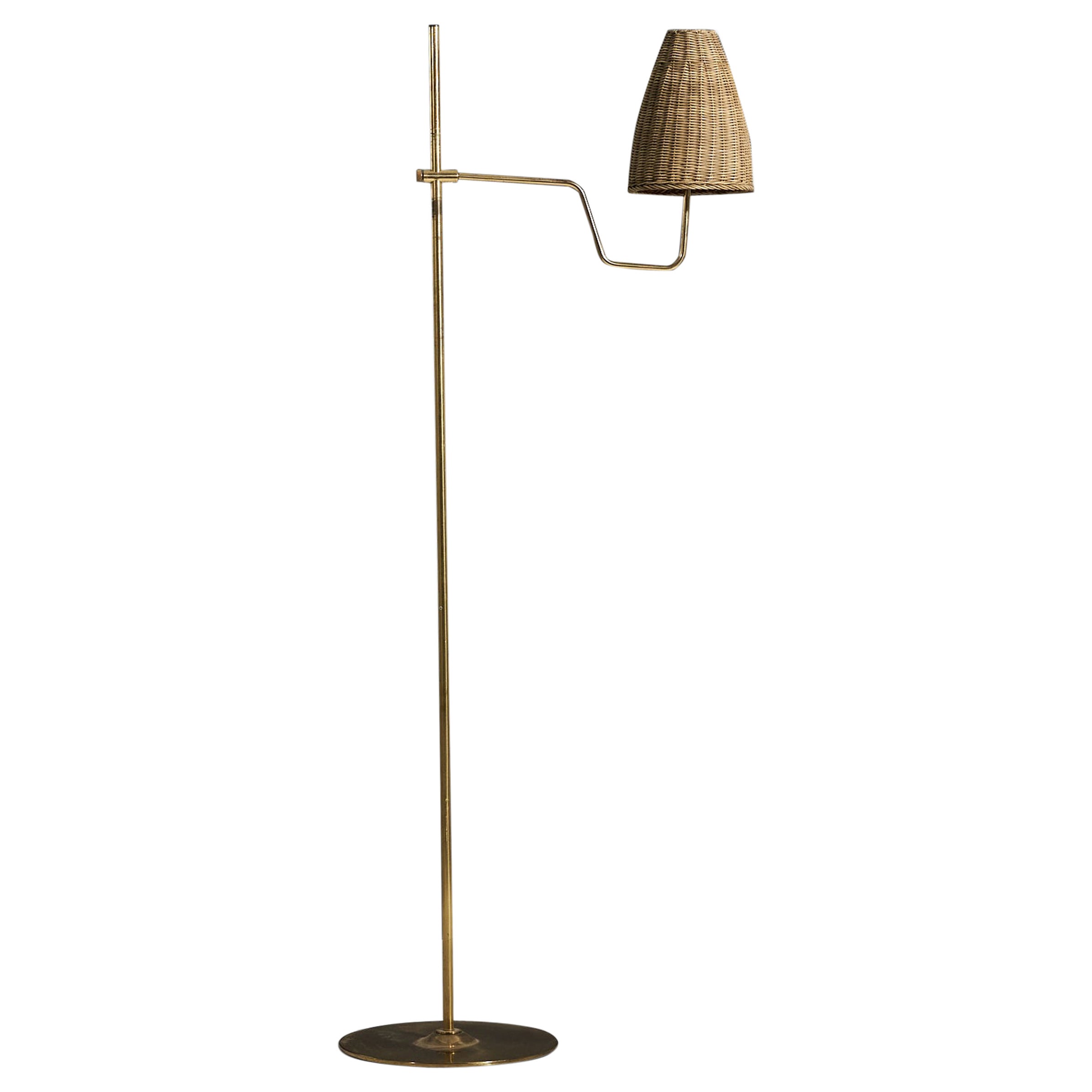 Hans-Agne Jakobsson, Adjustable Floor Lamp, Brass, Rattan, Sweden, c. 1970s For Sale