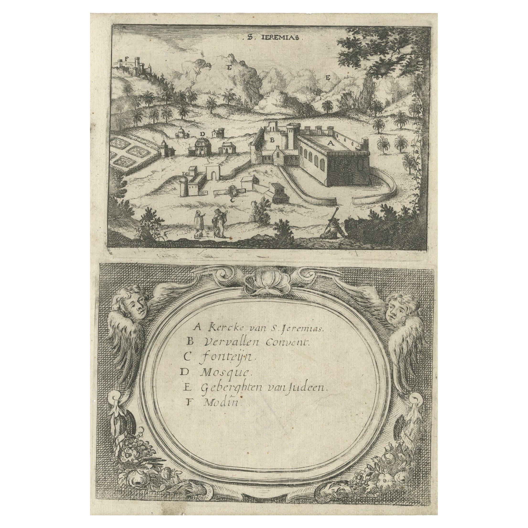 Very Rare Antique Engraving of Christian Monastery Saint Jeremias in Egypt, 1673 For Sale