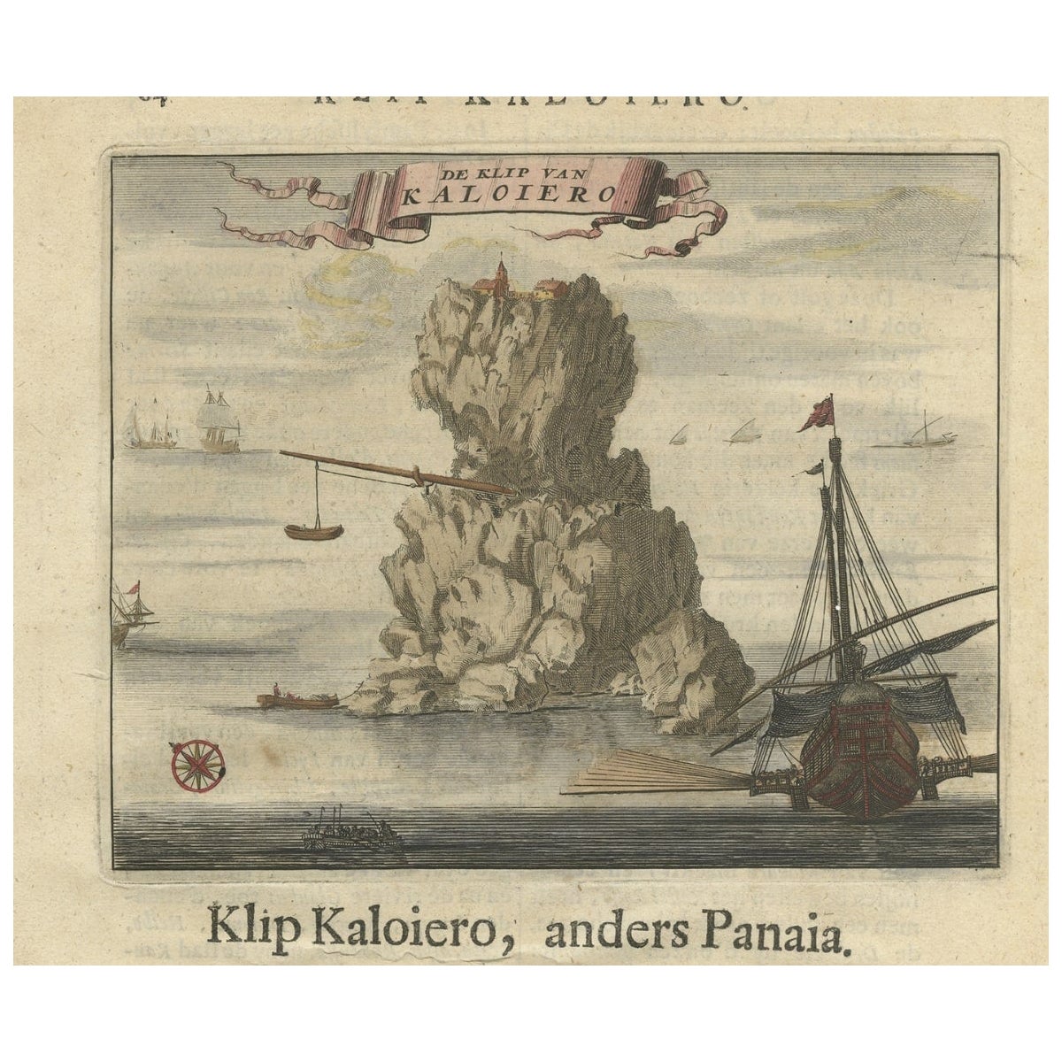 Encoloured Engraving of Cliff Kaloiero or Caloiero Island, Panaia, Greece, 1688 For Sale