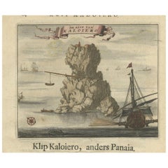 Gravure colorée d'une île de Cliff Kaloiero ou Caloiero, Panaïa, Grèce, 1688