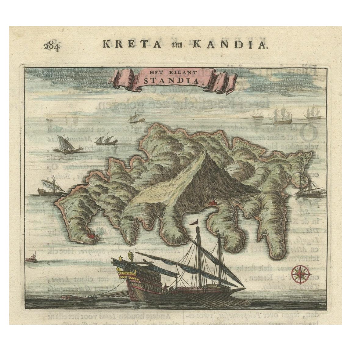 Ancienne estampe de Standia, une île grecque « Heraklion, Crète, Grèce, Balkans », 1688