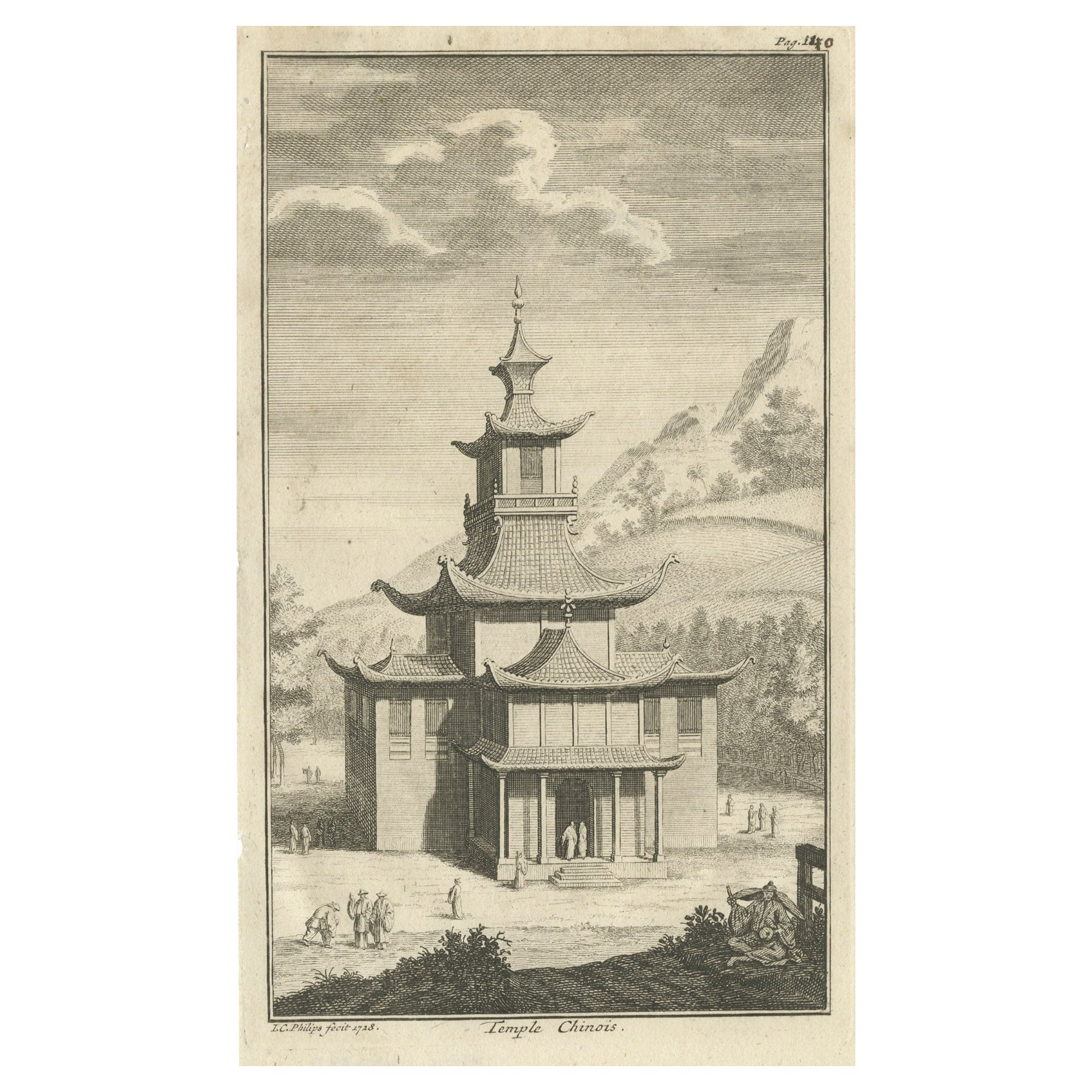 Antike antike Gravur eines chinesischen Tempels, 1736