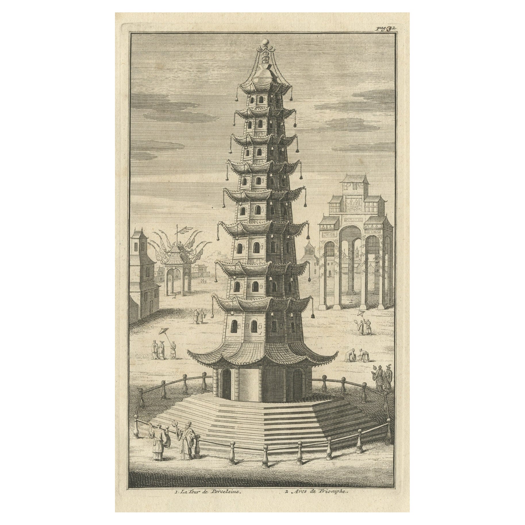 Antiker Druck der Porzellanpagoda in Nanjing, China, 1736 im Angebot