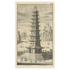 Antique Print of the Porcelain Pagoda in Nanjing, China, 1736