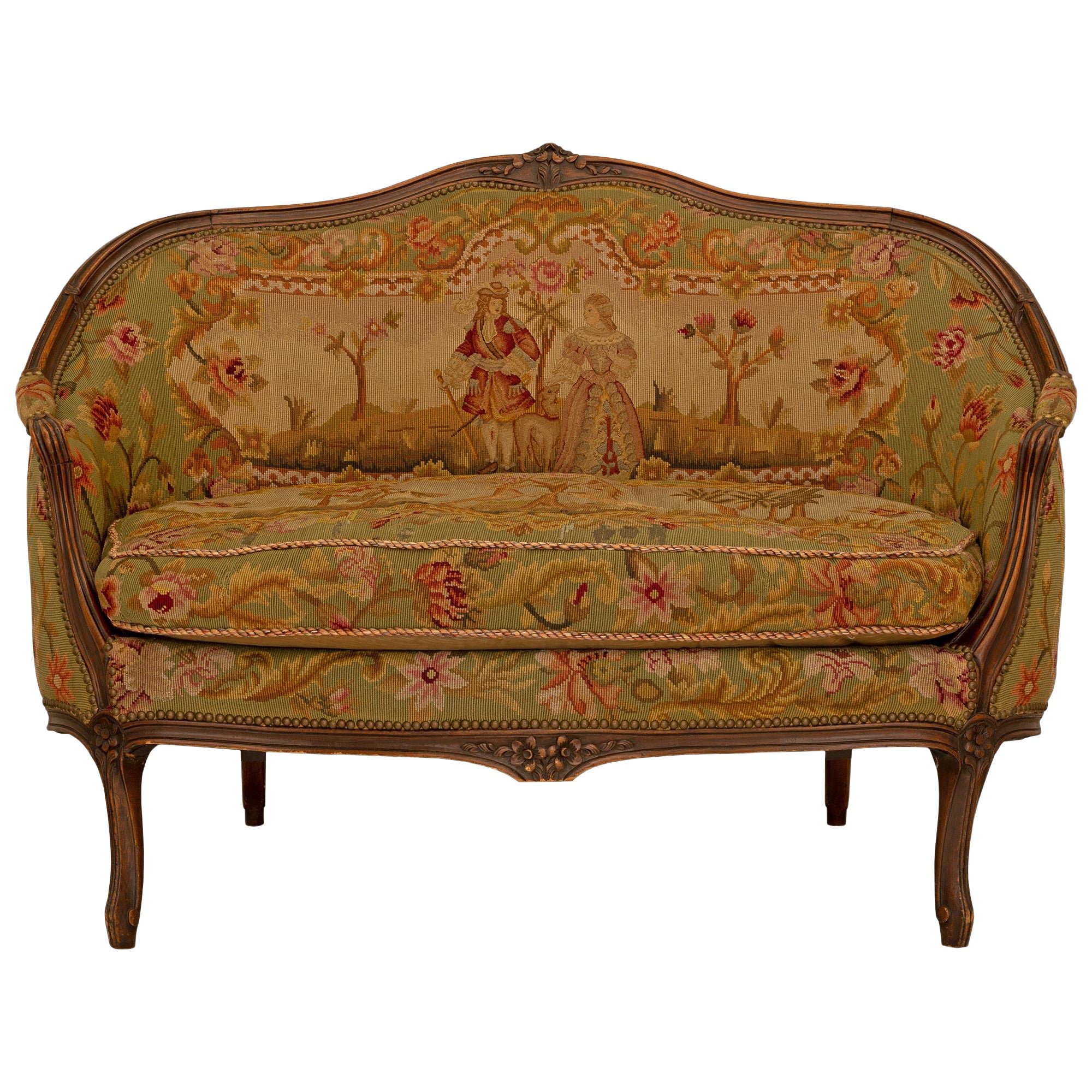 French 19th Century Louis XV St. Walnut and Tapestry Settee For Sale