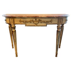 Table console demi-lune française de style Louis XVI en bois doré et plateau en marbre