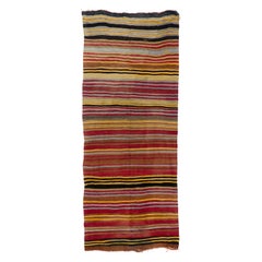 Kilim turc vintage à rayures colorées tissé à la main « Flat Weave » ( tissage à la feuille) 4.6x11,2 Ft