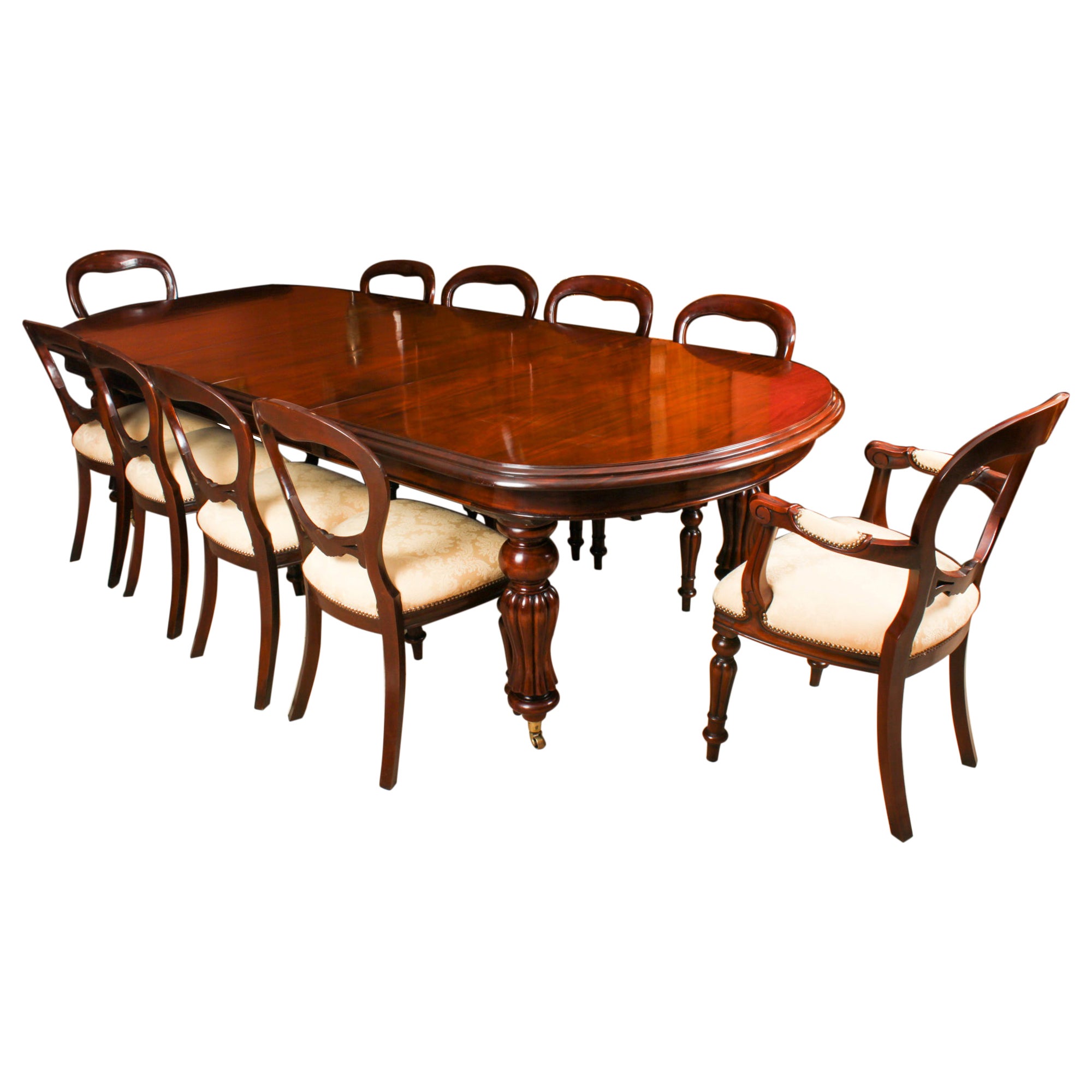 Vintage Extending Dining Table 10 Balloon Back Dining Chairs, Mid-20th