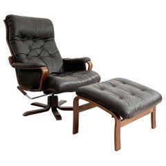 Mid-Century Modern Lounge Chair and Ottoman w/ Brown Leather