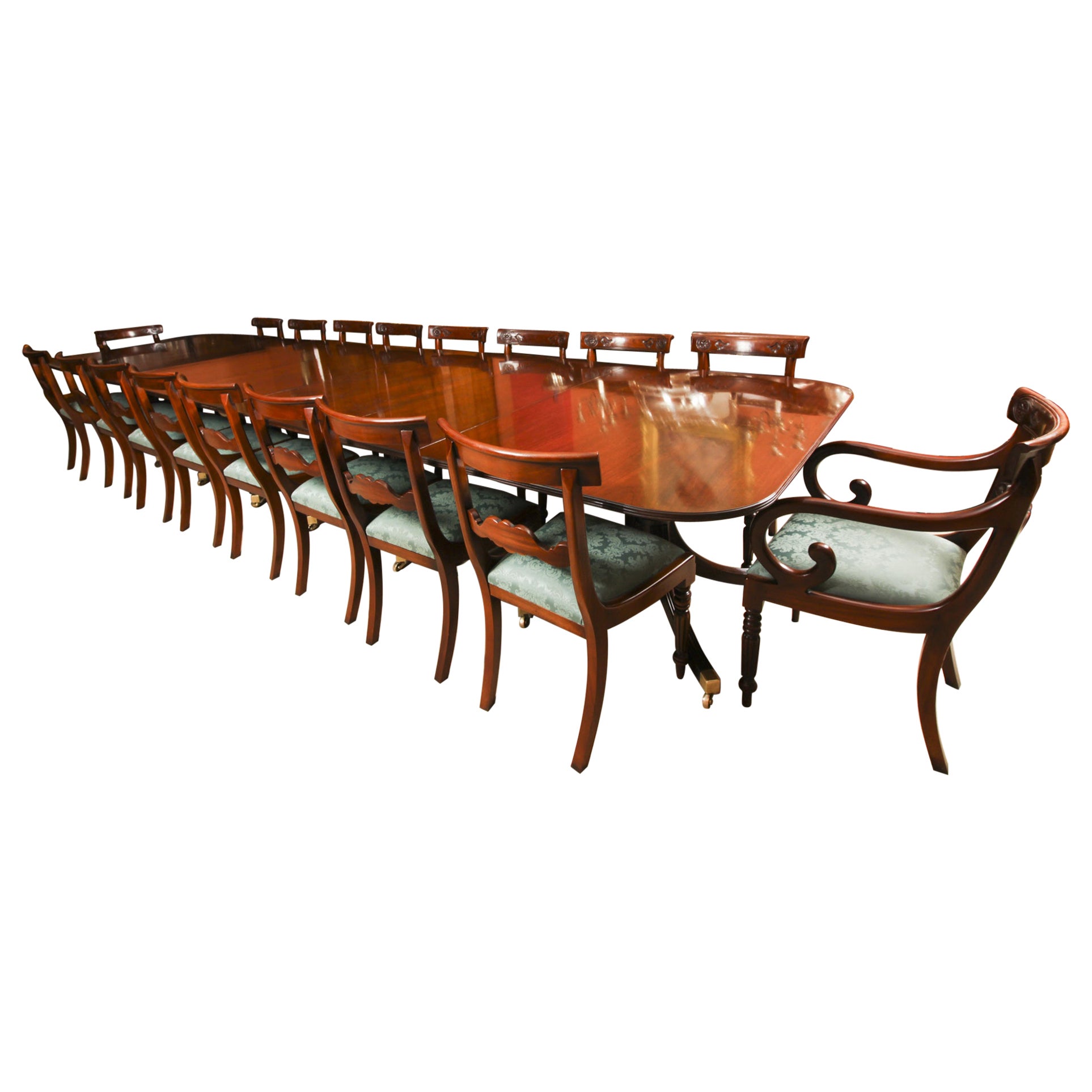 Vintage Twin Pillar Dining Table and 10 dining chairs by William