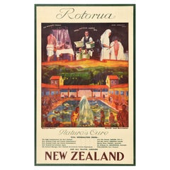 Affiche vintage d'origine Rotorua Nouvelle-Zélande Nature Thermal Spa Health Blue Baths
