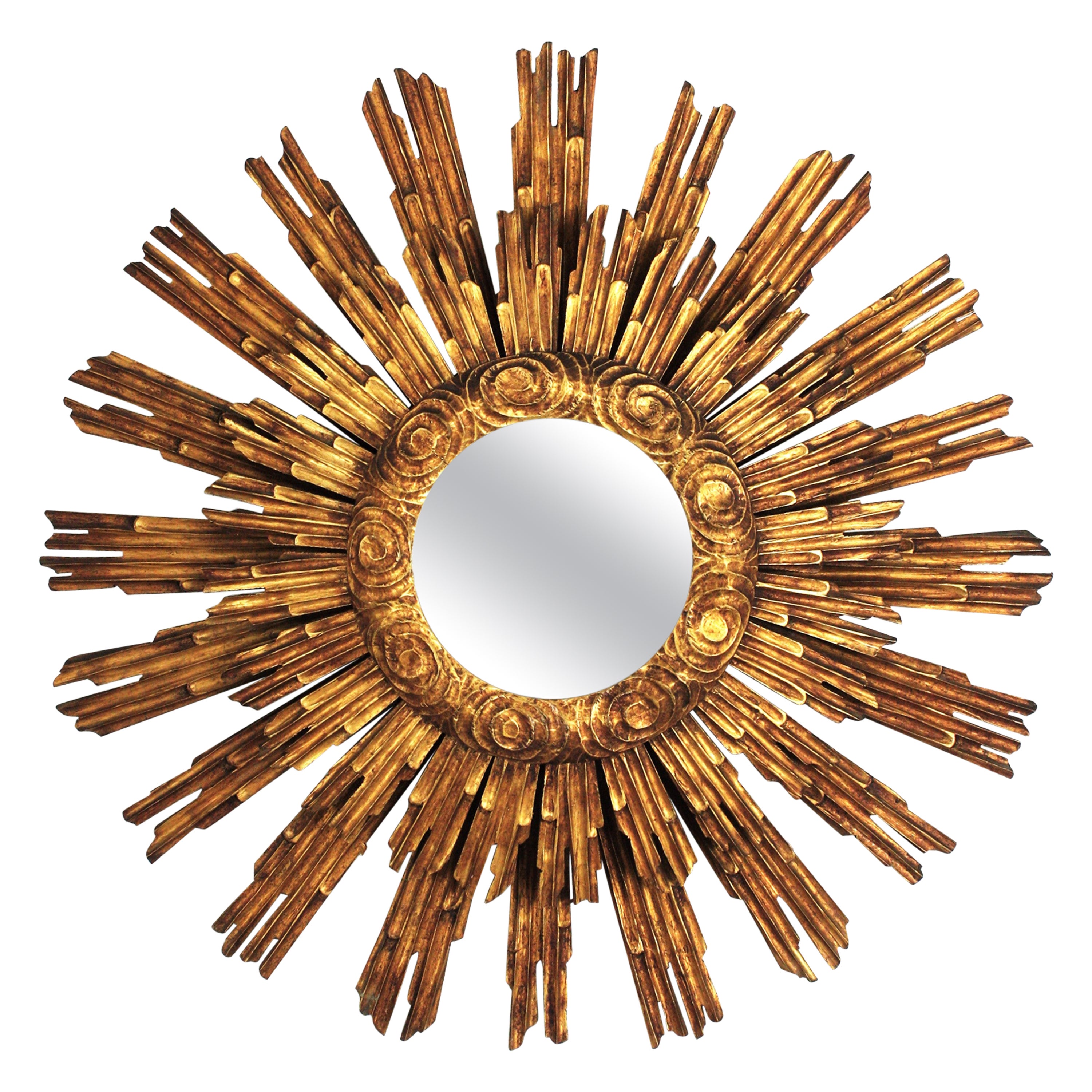 Sunburst Starburst Mirror in Giltwood, Spanish Baroque, 1940s