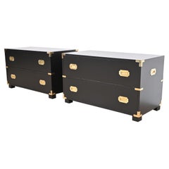 Michael Taylor for Baker Black Lacquered Campaign Commodes or Bedside Chests
