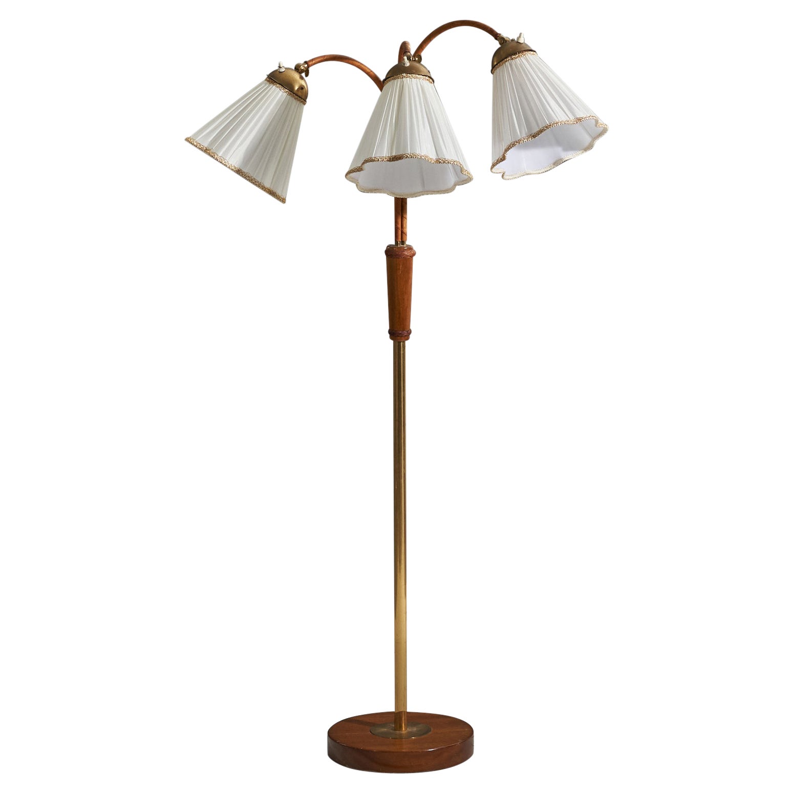 Swedish Designer, Floor Lamp, Brass, Wood, Leather, Fabric, Sweden, 1950s For Sale