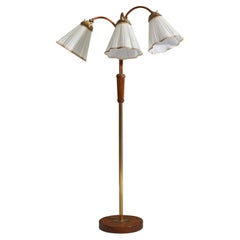 Vintage Swedish Designer, Floor Lamp, Brass, Wood, Leather, Fabric, Sweden, 1950s