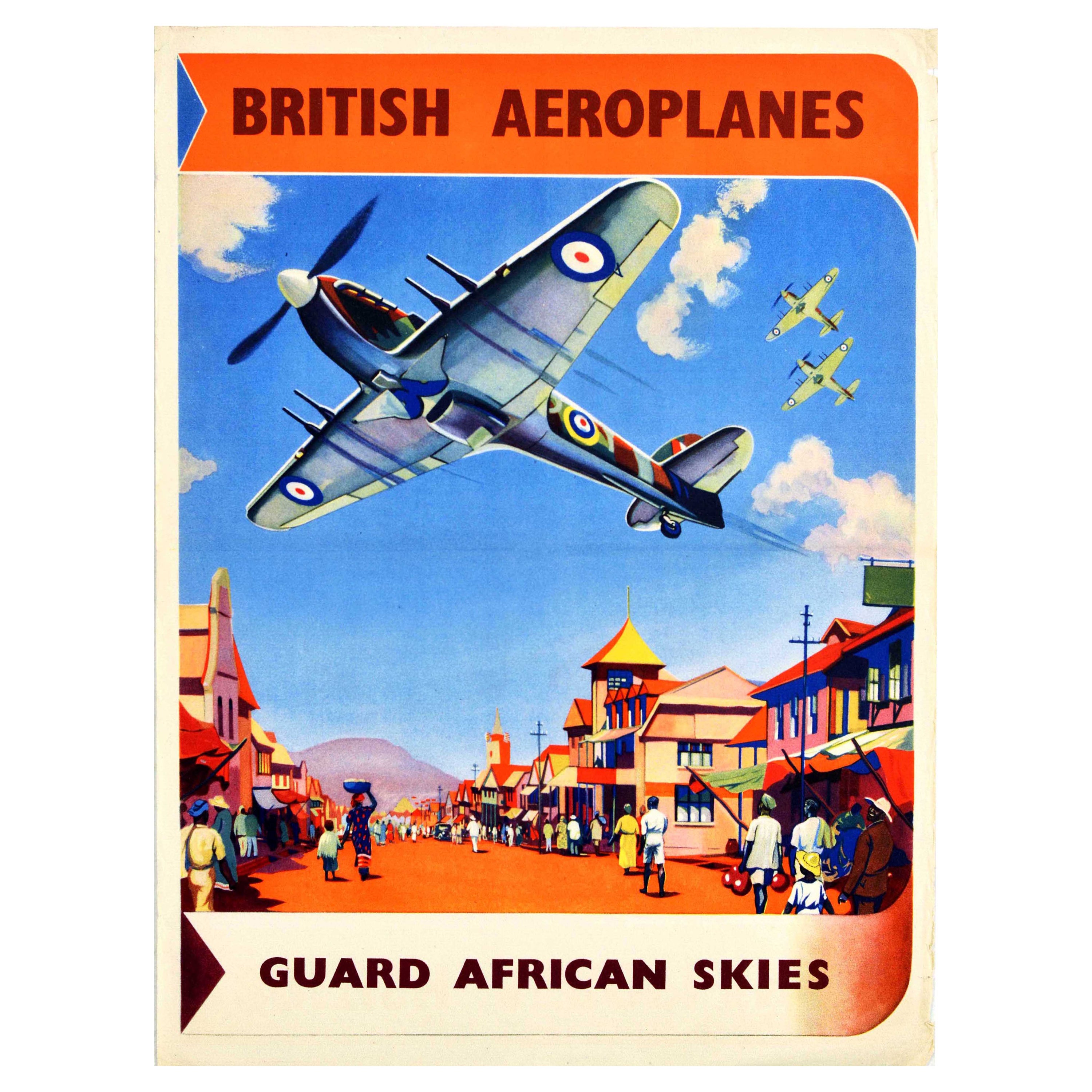 Original Vintage WWII Poster British Aeroplanes Guard African Skies RAF Spitfire For Sale