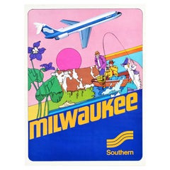Original Retro Travel Poster Milwaukee Southern Airlines Plane Fishing Cow Art