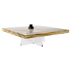Square Wood and Glass Coffee Table, Floating Liana Coffee Table