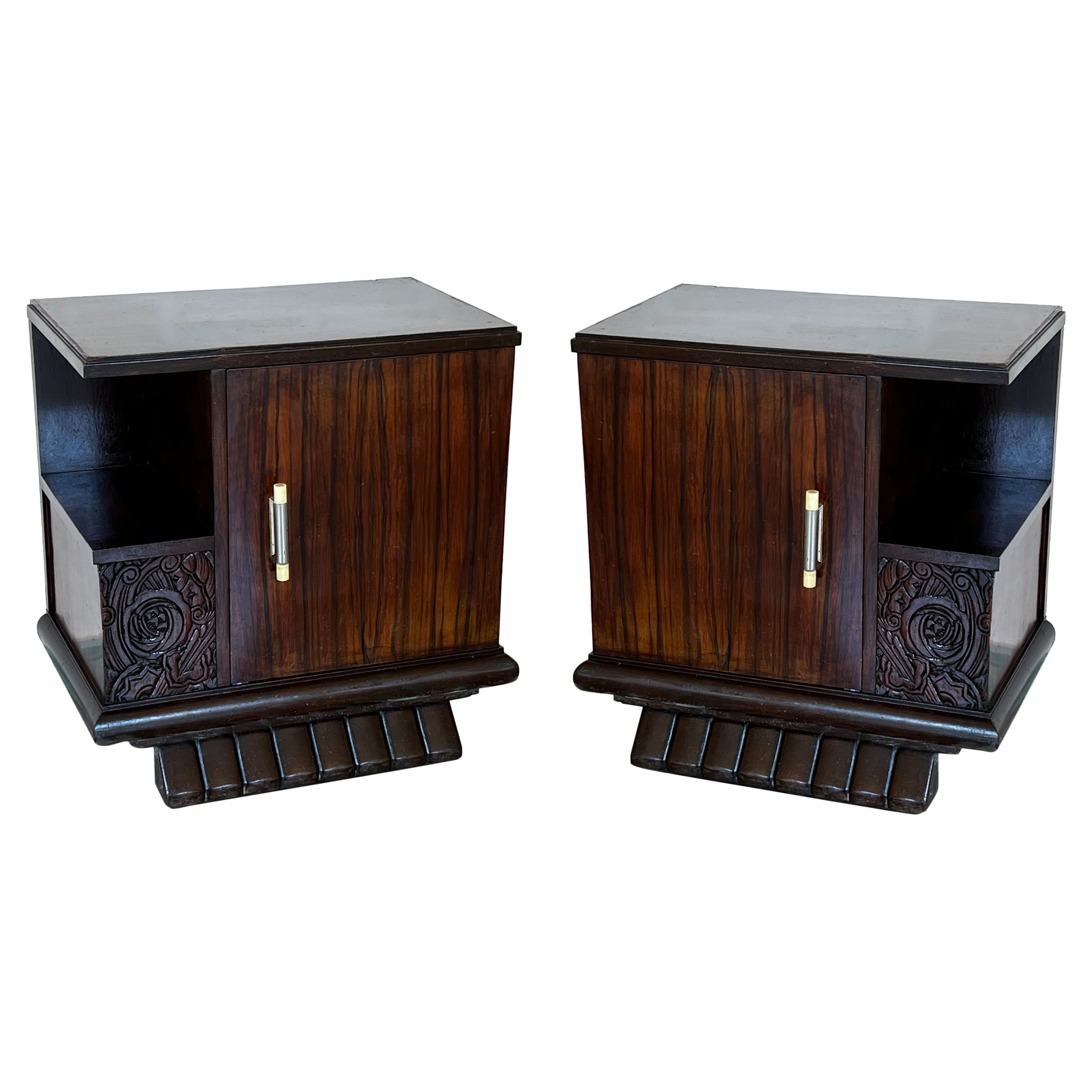 Pair of Art Deco Side Cabinets or Nightstands with Ebonized Base For Sale