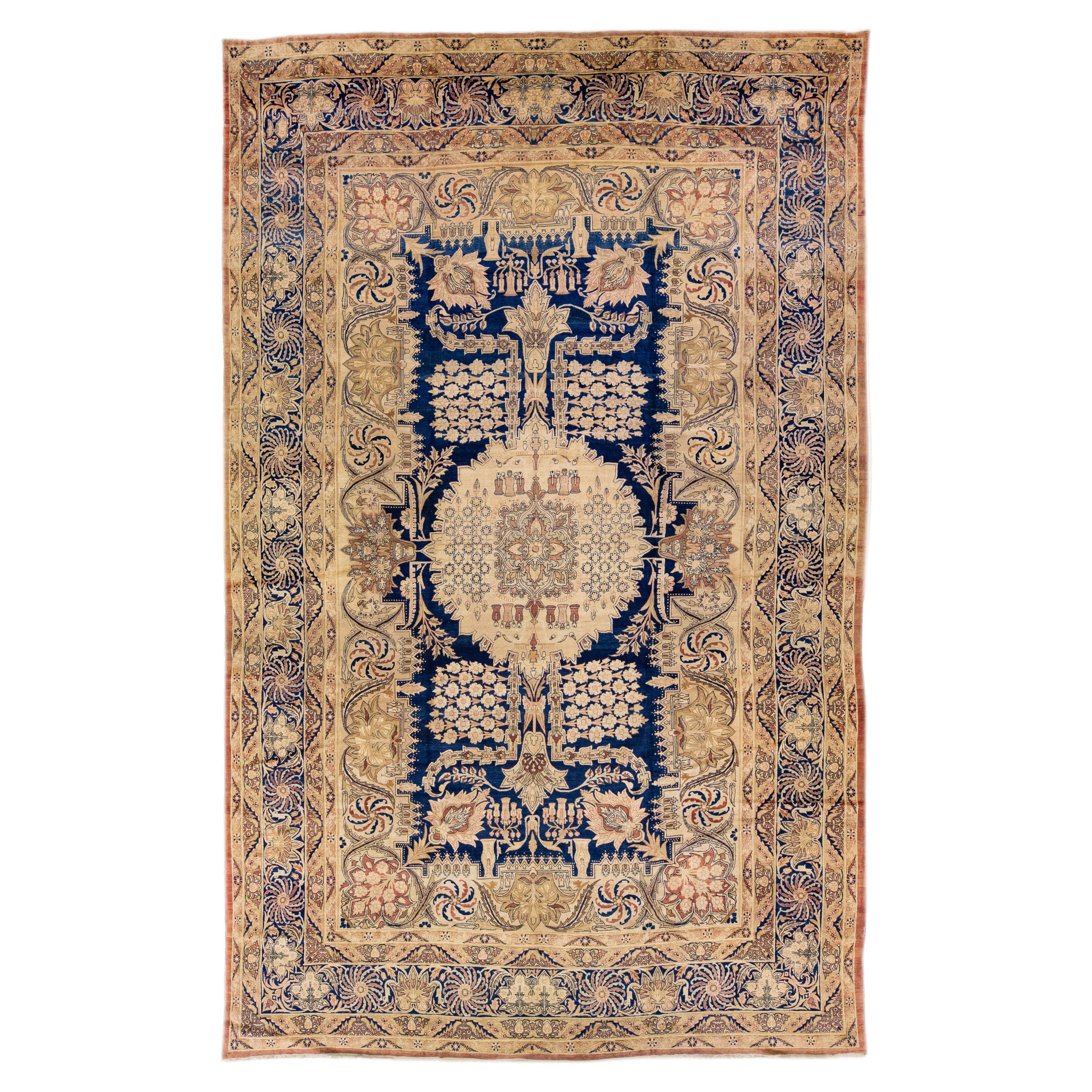 Tapis Kerman ancien en laine persane beige et bleu, fait à la main, avec motif sur toute sa surface