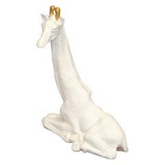 Mid-Century Modern Handmade White & Gold Finish Plaster Giraffe Animal Sculpture