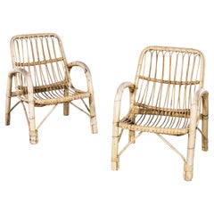 1960's Simple Chunky Arm French Rattan Armchairs, Pair