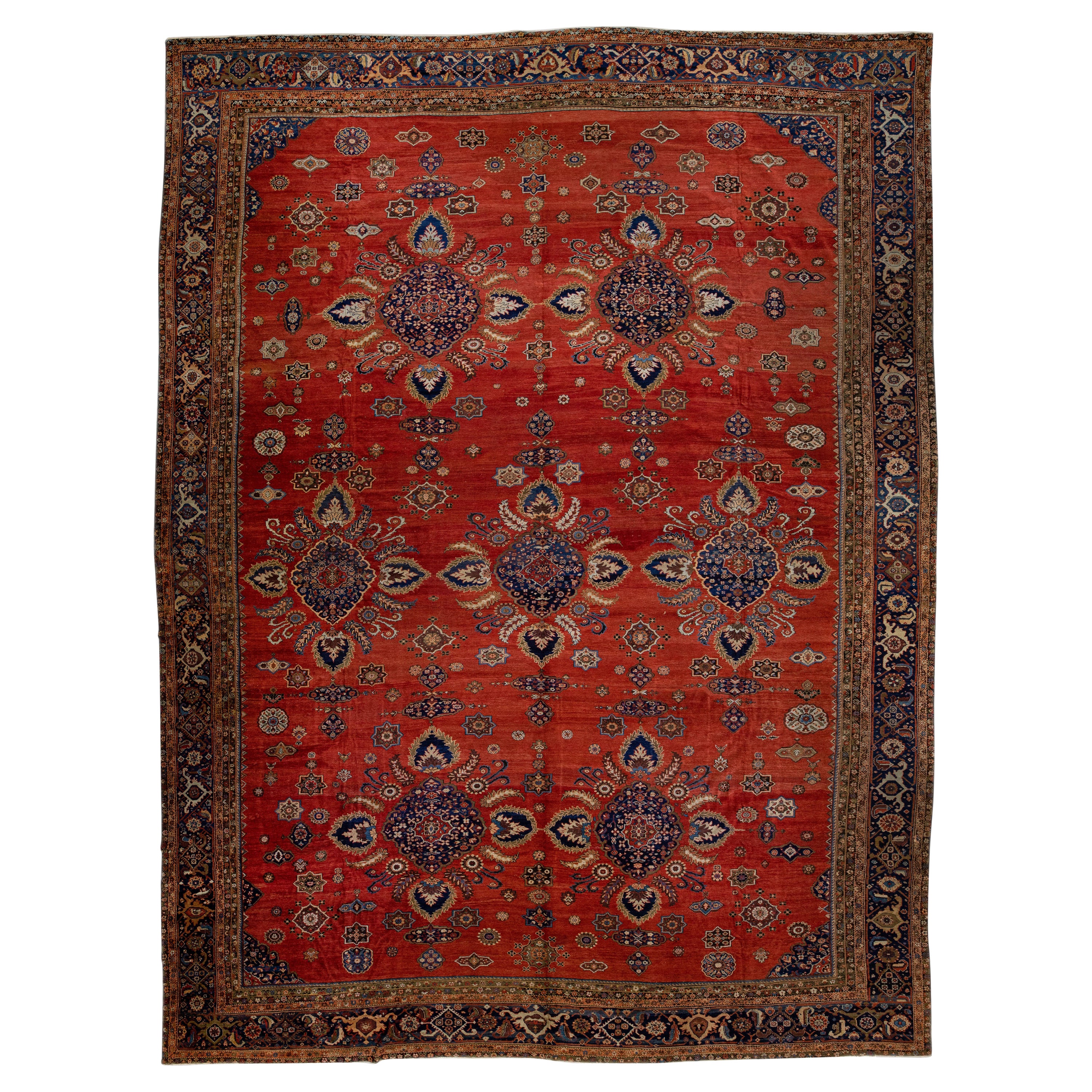 Antique Sultanabad Red Handmade Floral Pattern Persian Wool Rug  For Sale