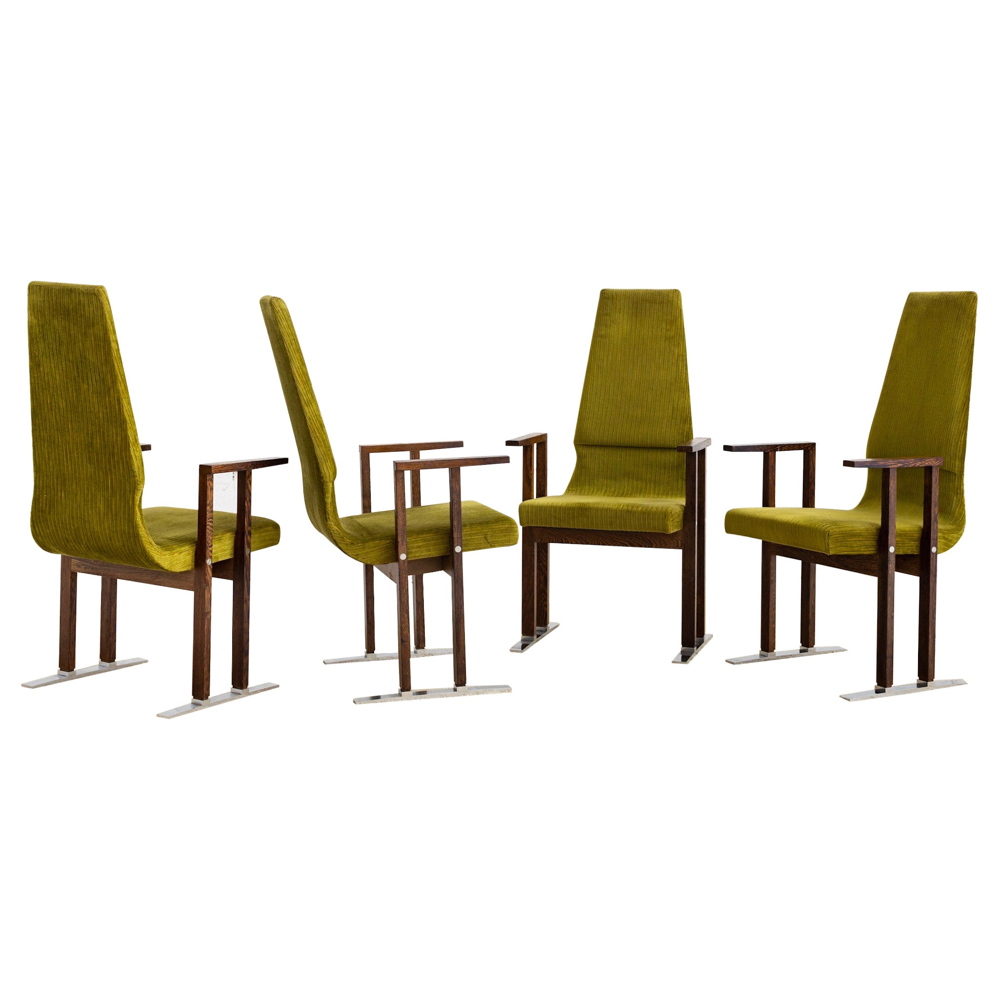 Mid Century Exotic Wood and Chrome Dining Chairs, a Set of 4 For Sale