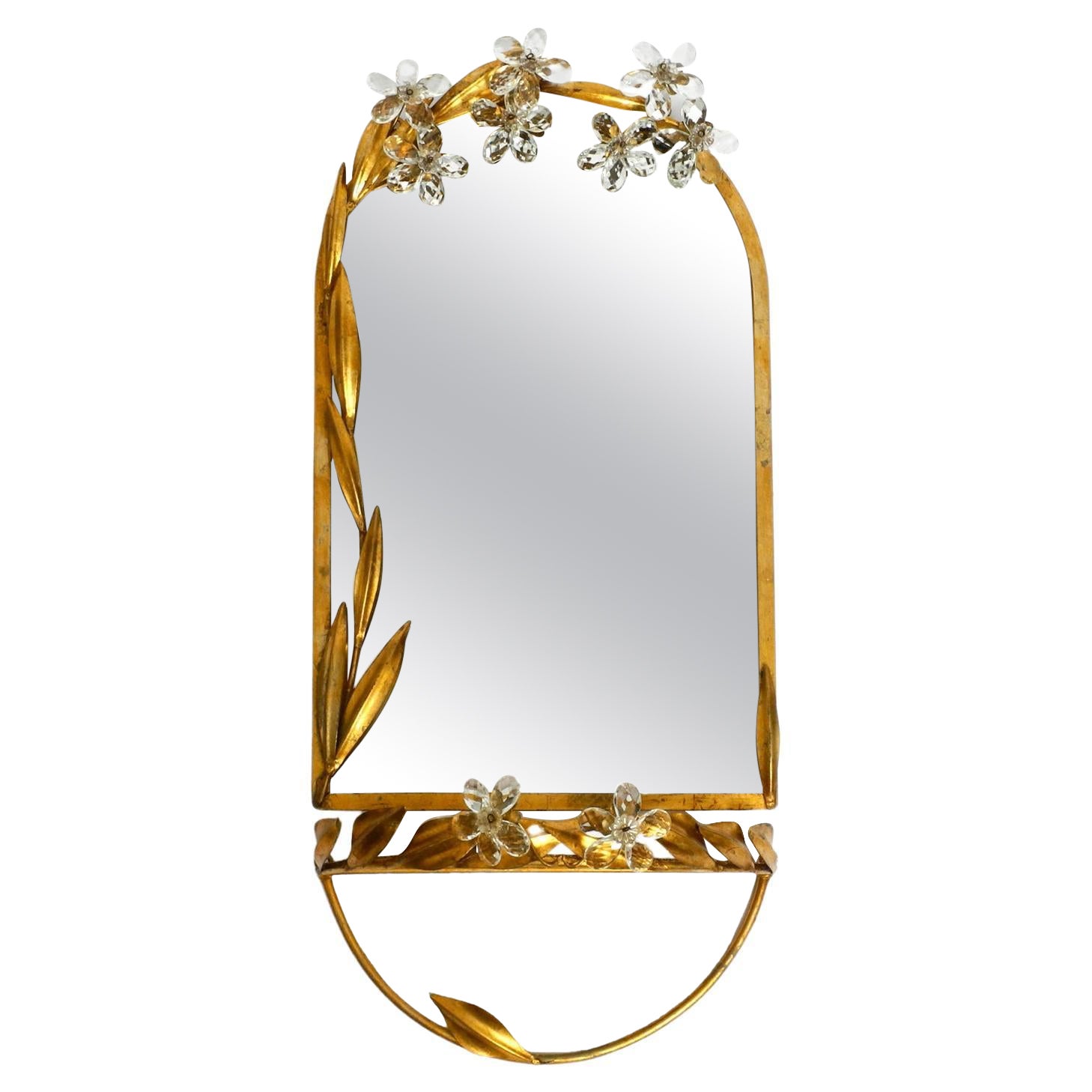 Set of a Floral Iron Wall Mirror and Matching Shelf Gold Plated by Banci Firenze For Sale