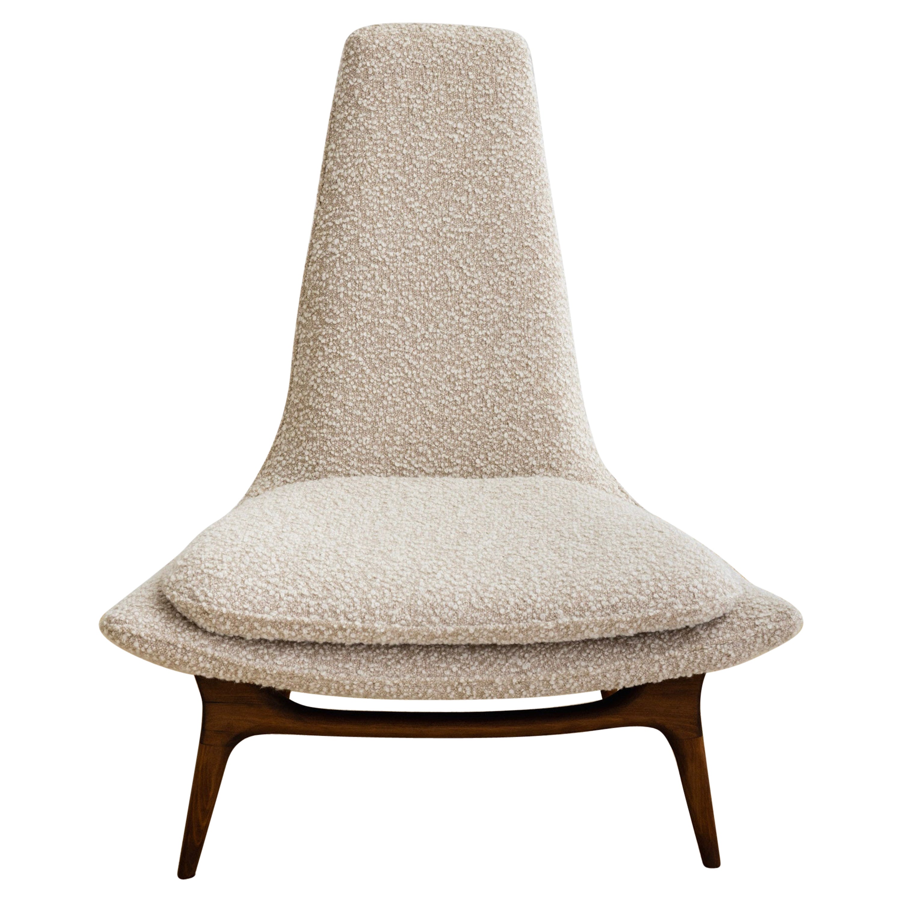 Karpen of California High Back Walnut Slipper Lounge Chair in Wool Bouclé