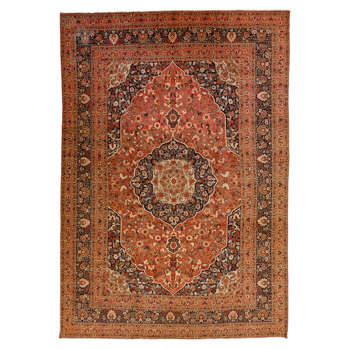 Rust Antique Tabriz Handmade Persian Wool Rug With Rosette Design