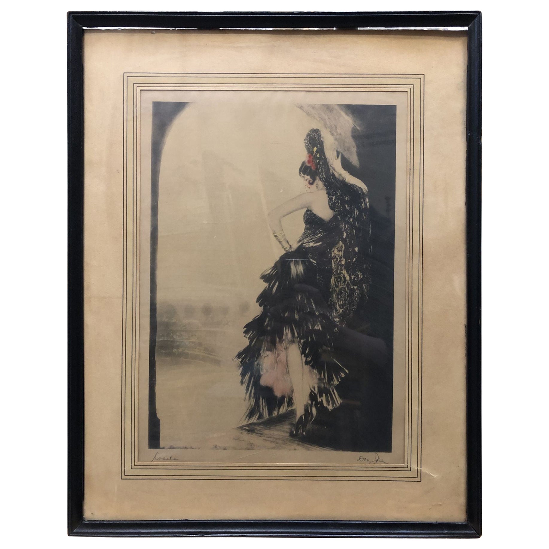 Louis Icart Colored Etching "Seville" in original Frame For Sale