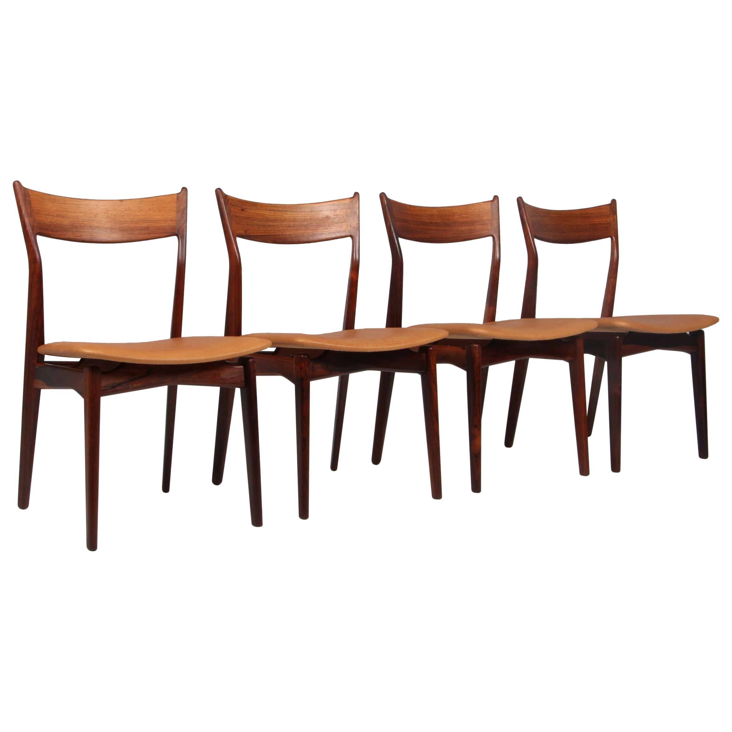 HP Hansen Set of Four Dining Chairs in Rosewood and Aniline Leather, 1960s For Sale
