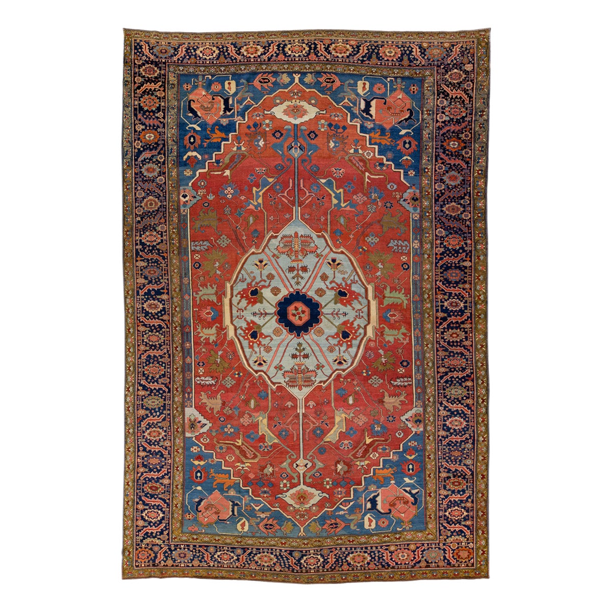 Antique Persian Serapi Red & Blue Handmade Wool Rug with Medallion Motif