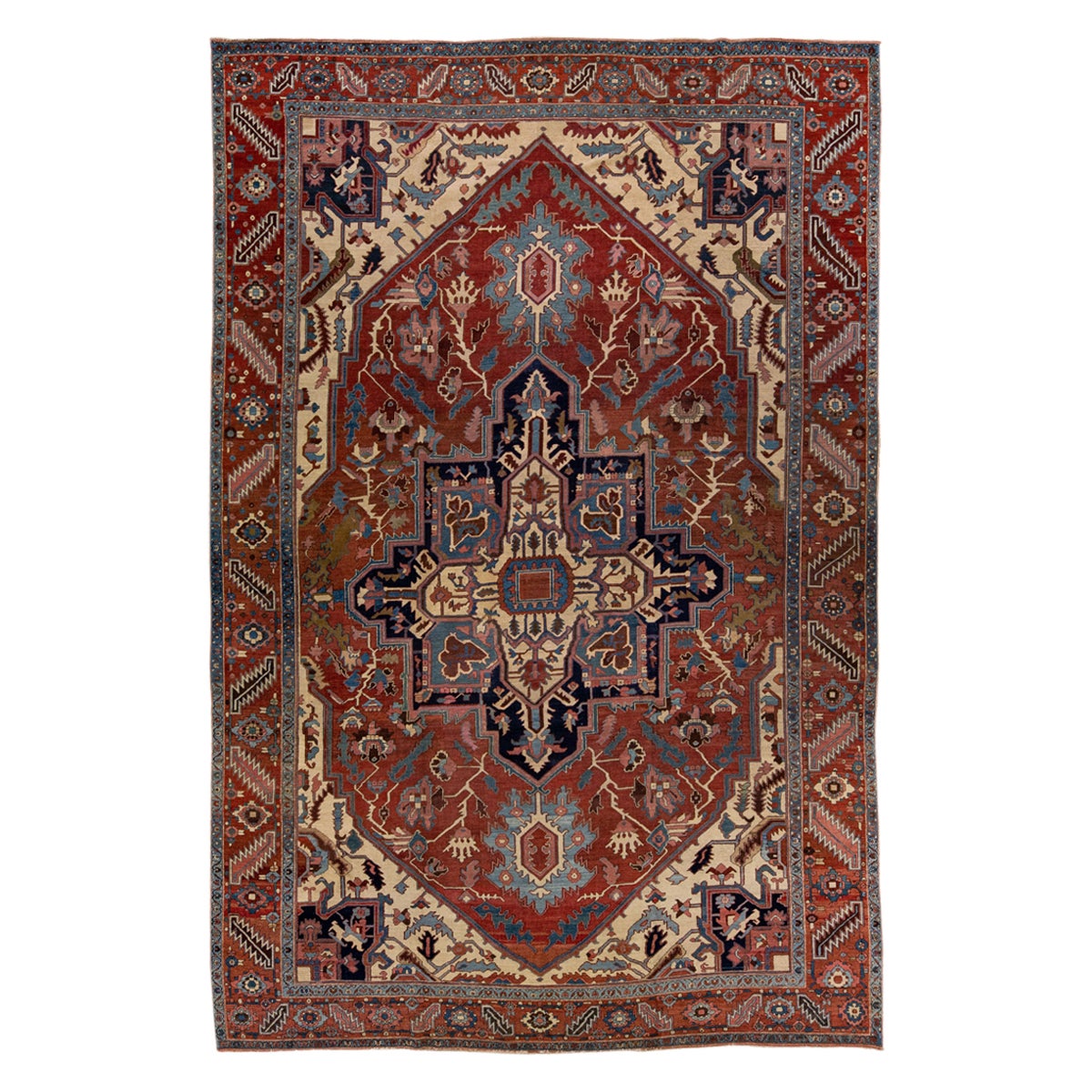 Antique Rust Serapi Handmade Persian Wool Rug With Medallion Pattern For Sale