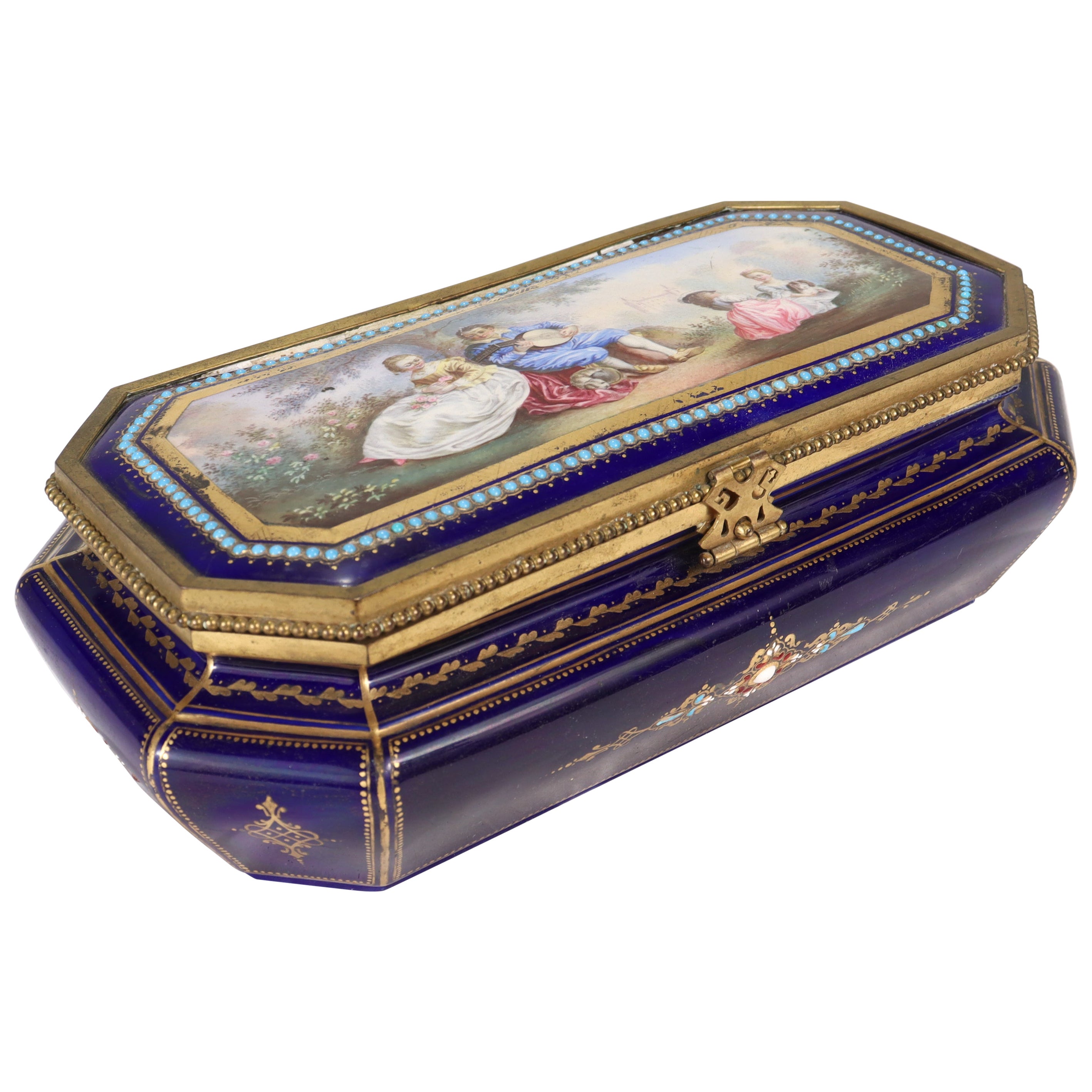 Ancienne boîte de table en porcelaine peinte à la main et ornée de bijoux de type Sèvres bleu cobalt