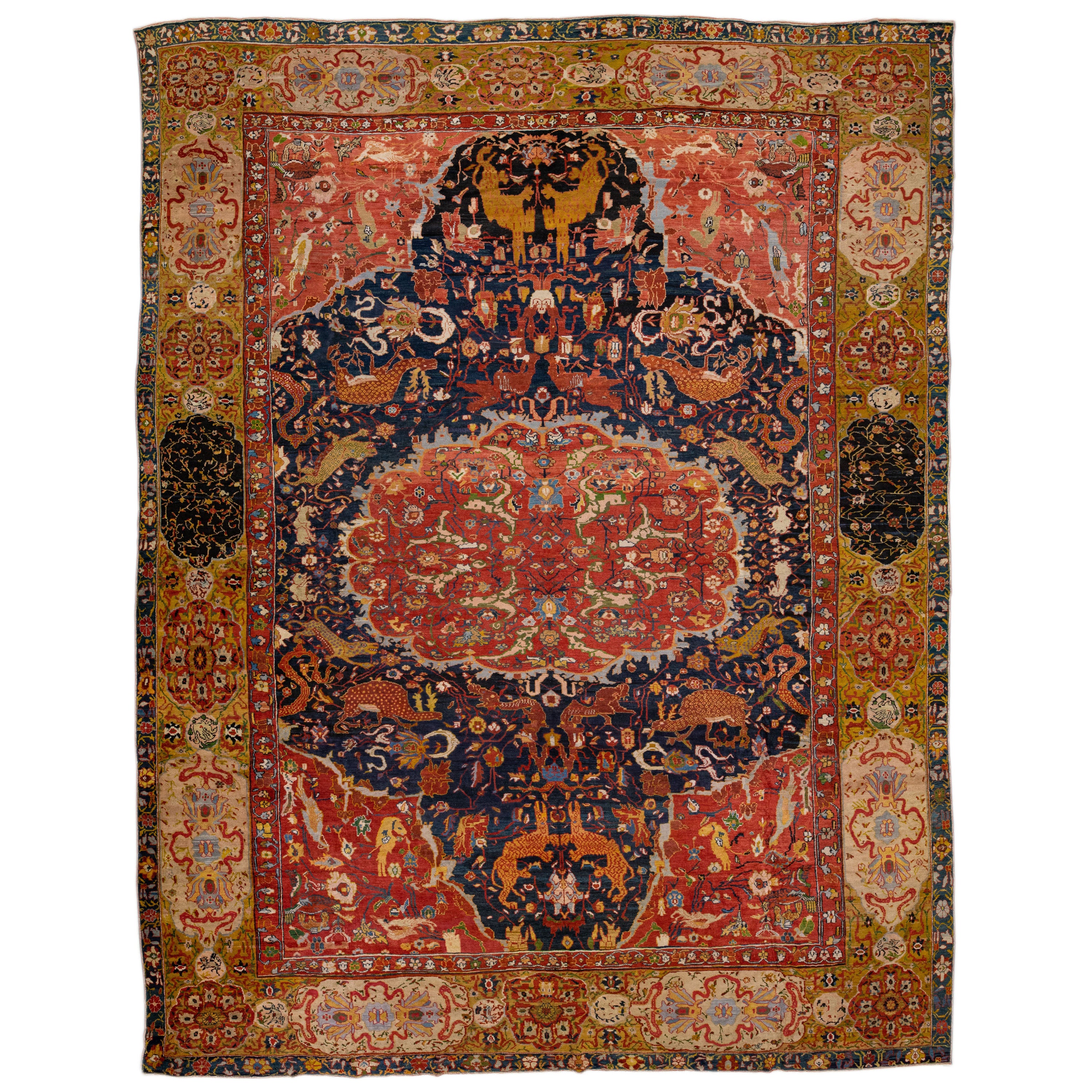 Multicolor Antique Sultanabad Handmade Mendallion Persian Wool Rug For Sale