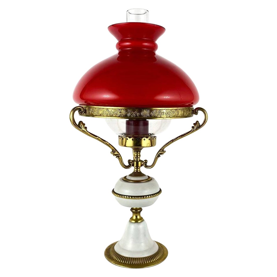 Vintage Belgian Table Lamp with Gilt Bronze and Red Glass Lampshade Lamp, 1970s For Sale