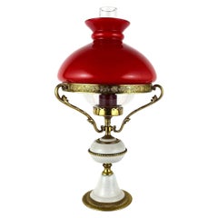 Vintage Belgian Table Lamp with Gilt Bronze and Red Glass Lampshade Lamp, 1970s